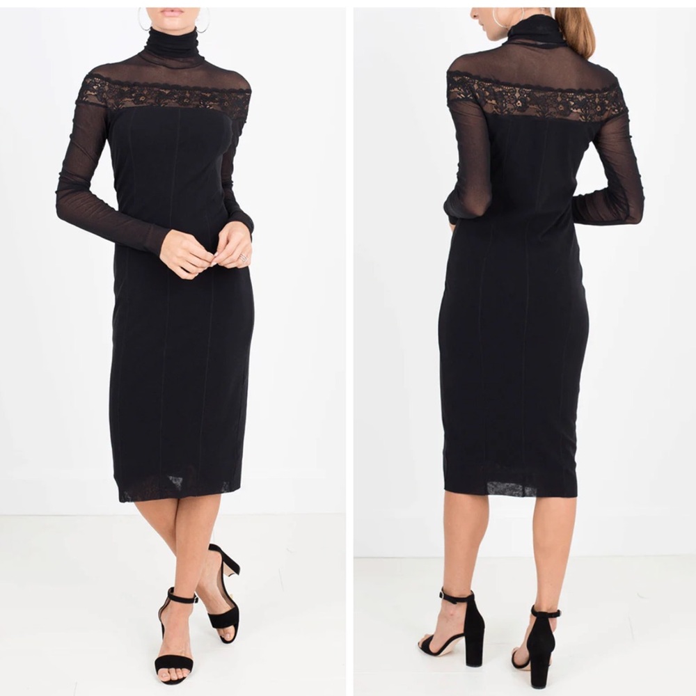 Fuzzi Black Lace Mesh Turtleneck Long Sleeve Dress Xs